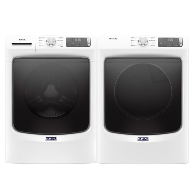 Stock photo of a white Maytag brand laundry pair with a front load washer and dryer. 