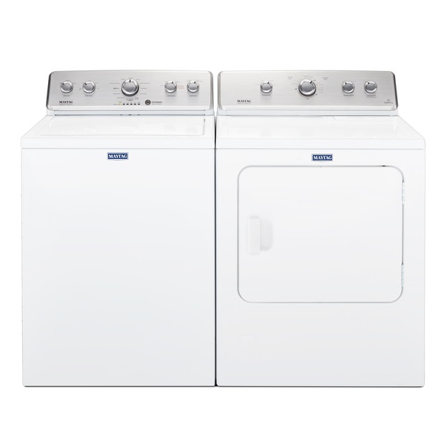 Stock photo of a white Maytag brand laundry pair with a top load washer and front load dryer.