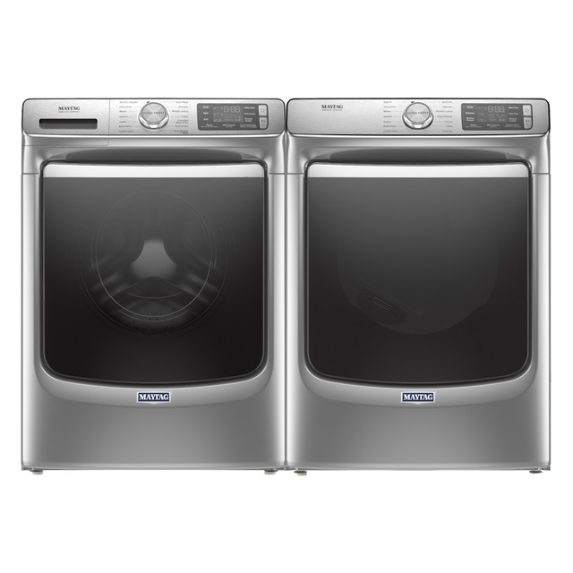 Stock photo of a titanium Maytag brand laundry pair with a front load washer and dryer.