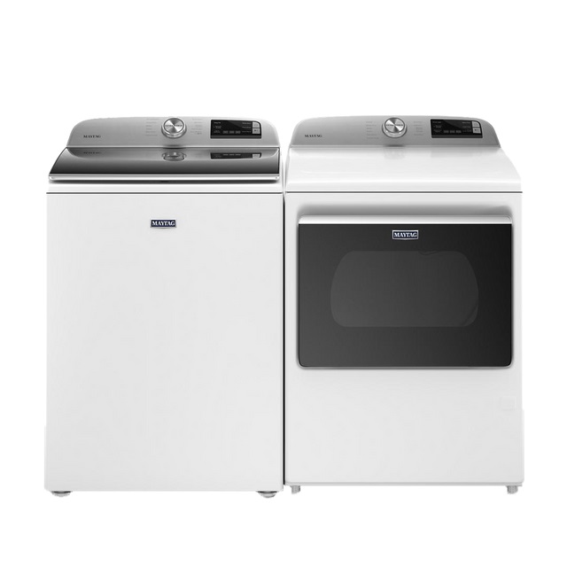 Stock photo of a white Maytag brand laundry pair with black accents, with a top load washer and front load dryer.