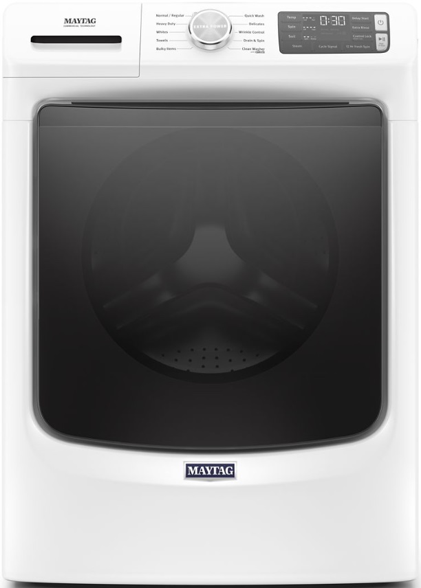 Stock photo of a white Maytag brand front load washer with black interior.