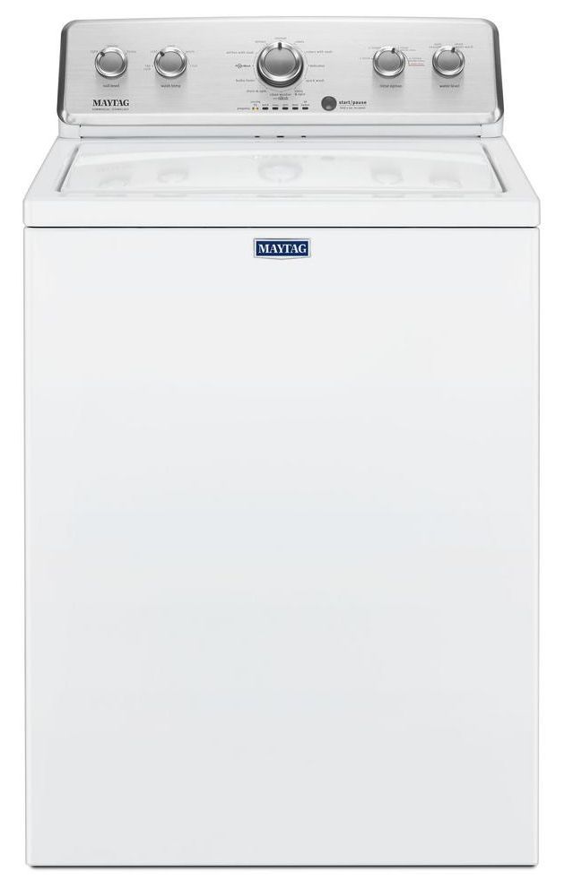 Stock photo of a white Maytag brand top load washer. 