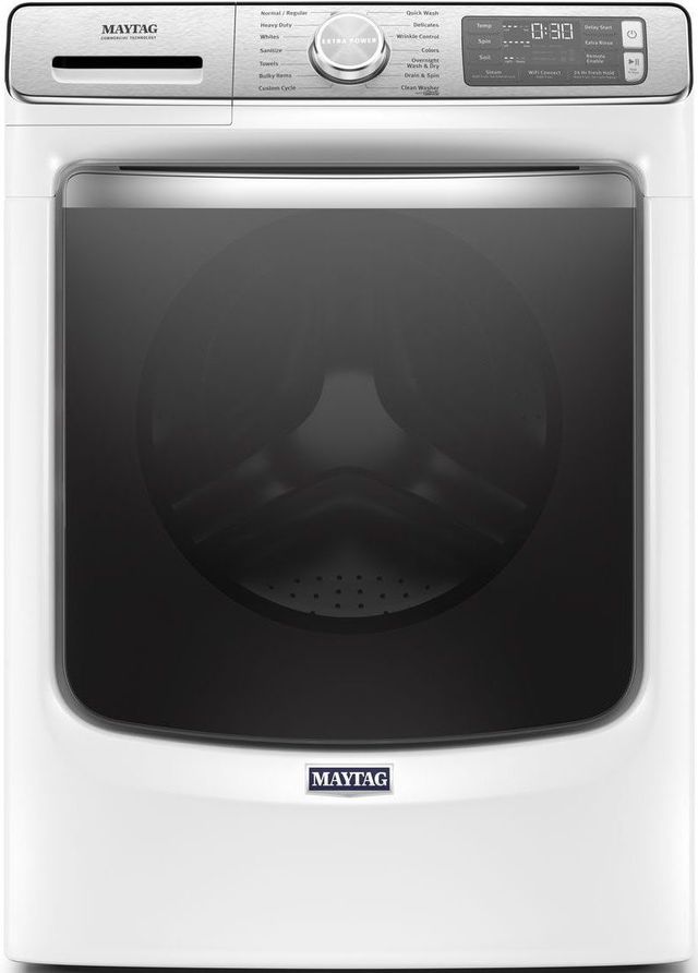 Stock photo of a white Maytag brand front load washer with stainless steel handle.
