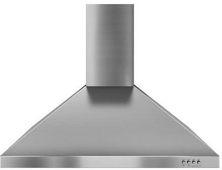 Stock photo of a stainless steel Whirlpool brand range hood.