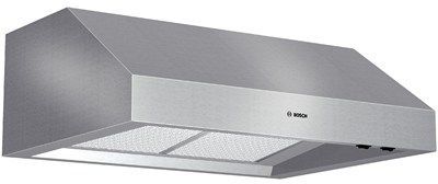 Stock photo of a stainless steel Bosch brand range hood.