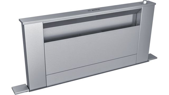 Stock photo of a stainless steel Bosch brand range hood with door vent. 