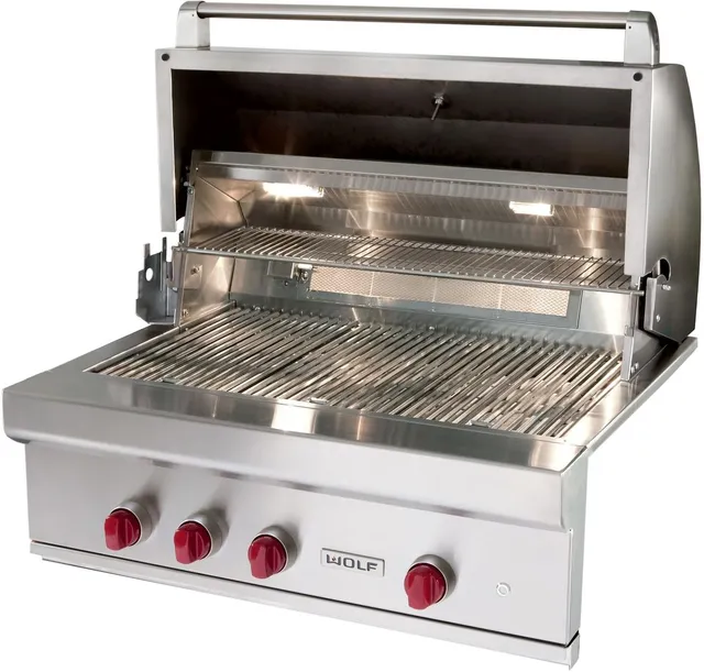 Front view of Wolf OG36 36” built in stainless steel grill 