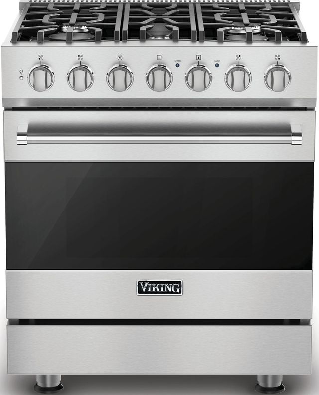 Stock photo of a stainless steel Viking gas range. 