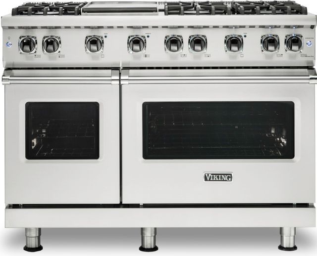 Stock photo of a stainless steel Viking dual fuel range with two ovens. 