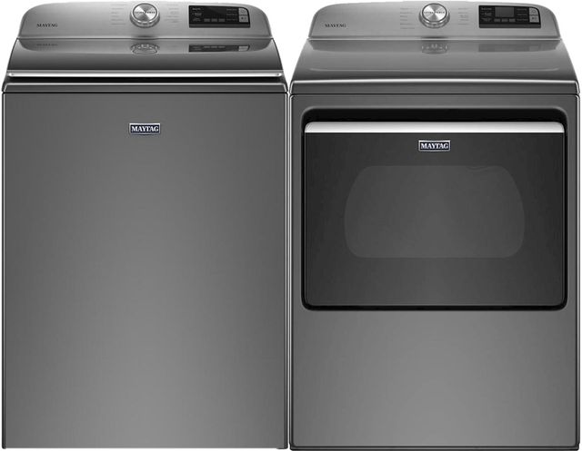 Stock photo of a gray Maytag brand washer dryer set.