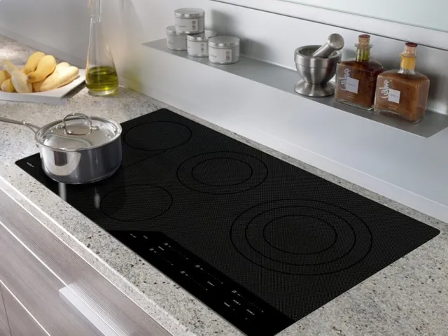 The Wolf CE365C/B 36” electric cooktop shown installed in a countertop 