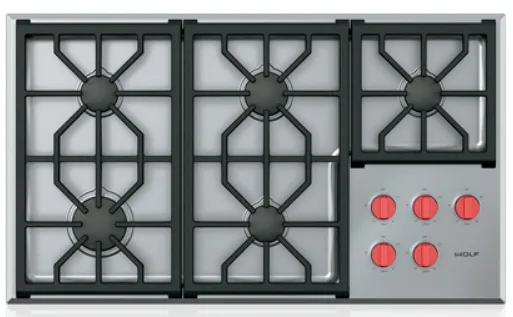 Overhead view of Wolf CG365P/S 36” gas cooktop 