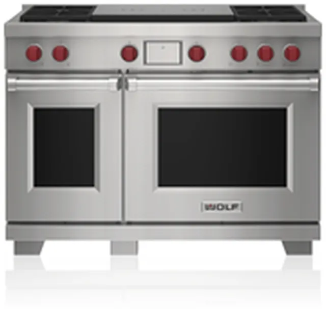 Front view of Wolf DF48450F/S/P 48” dual fuel range 