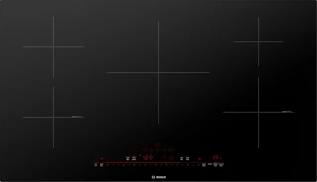Overhead view of Bosch NIT8660UC 800 Series 36” induction cooktop 