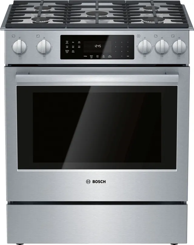 Front view of Bosch 800 Series HGI8056UC 30” gas slide-in range 