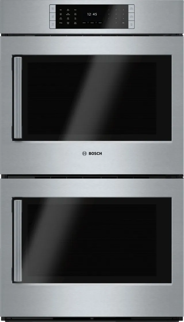 Front view of a Bosch Benchmark 30” double wall oven 
