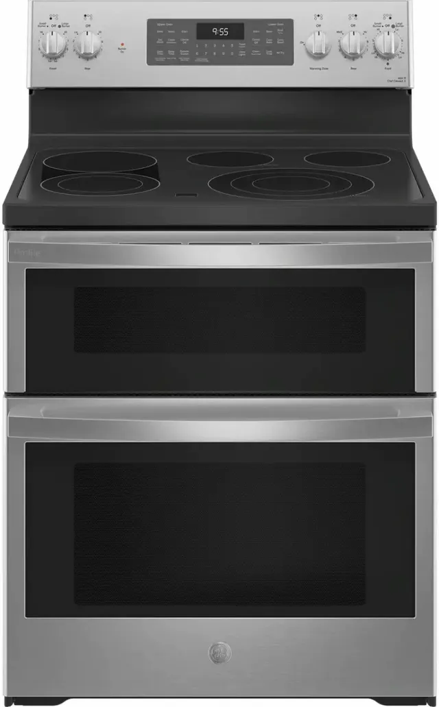 Front view of the GE PB965YPFS double oven electric range 