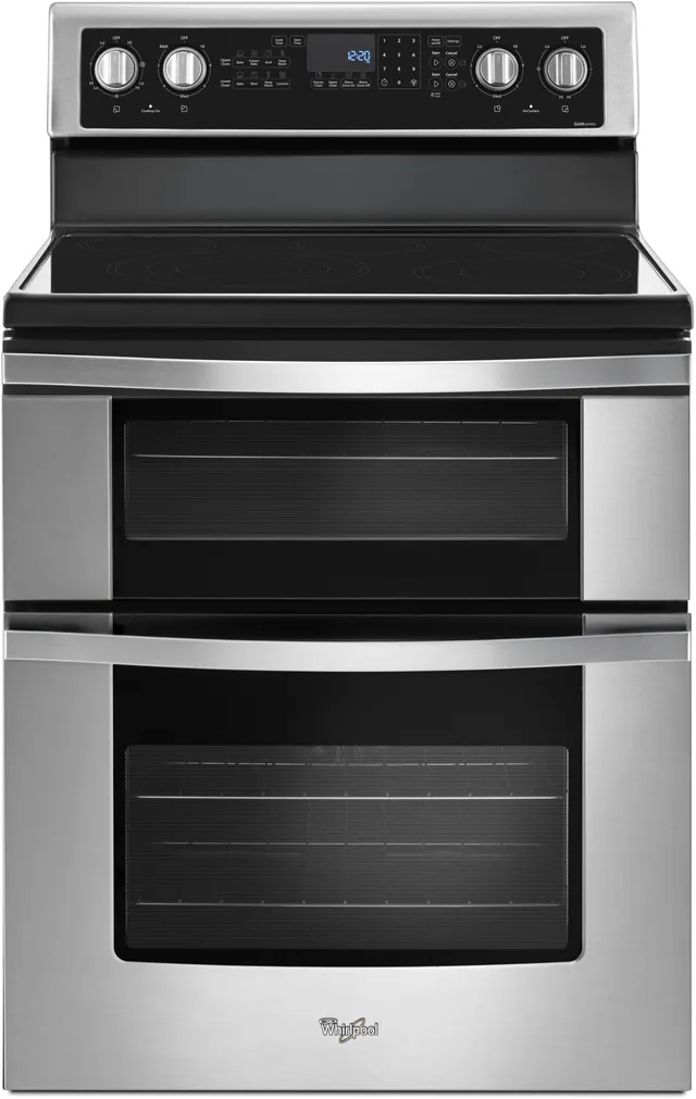 Front view of the Whirlpool WGE745C0FS double oven electric range 
