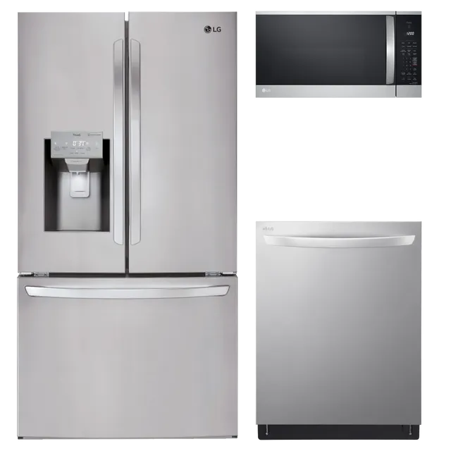 An LG 3-piece stainless steel appliance package with a refrigerator, dishwasher, and over-the-range microwave 