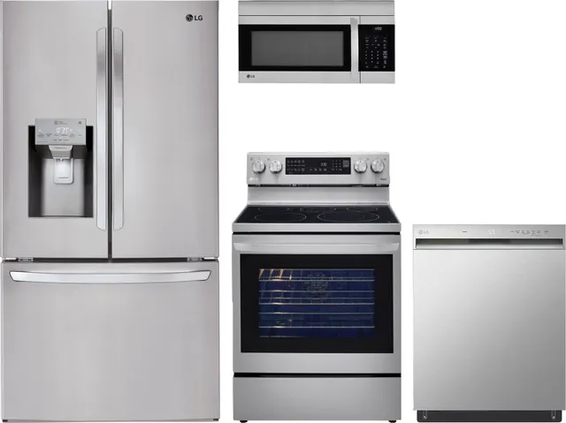 An LG 4-piece stainless steel appliance package with a refrigerator, range, dishwasher, and over-the-range microwave 