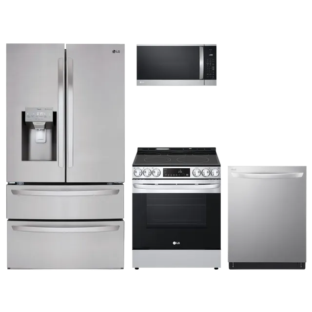 An LG 4-piece black stainless steel appliance package with a refrigerator, range, dishwasher, and over-the-range microwave 