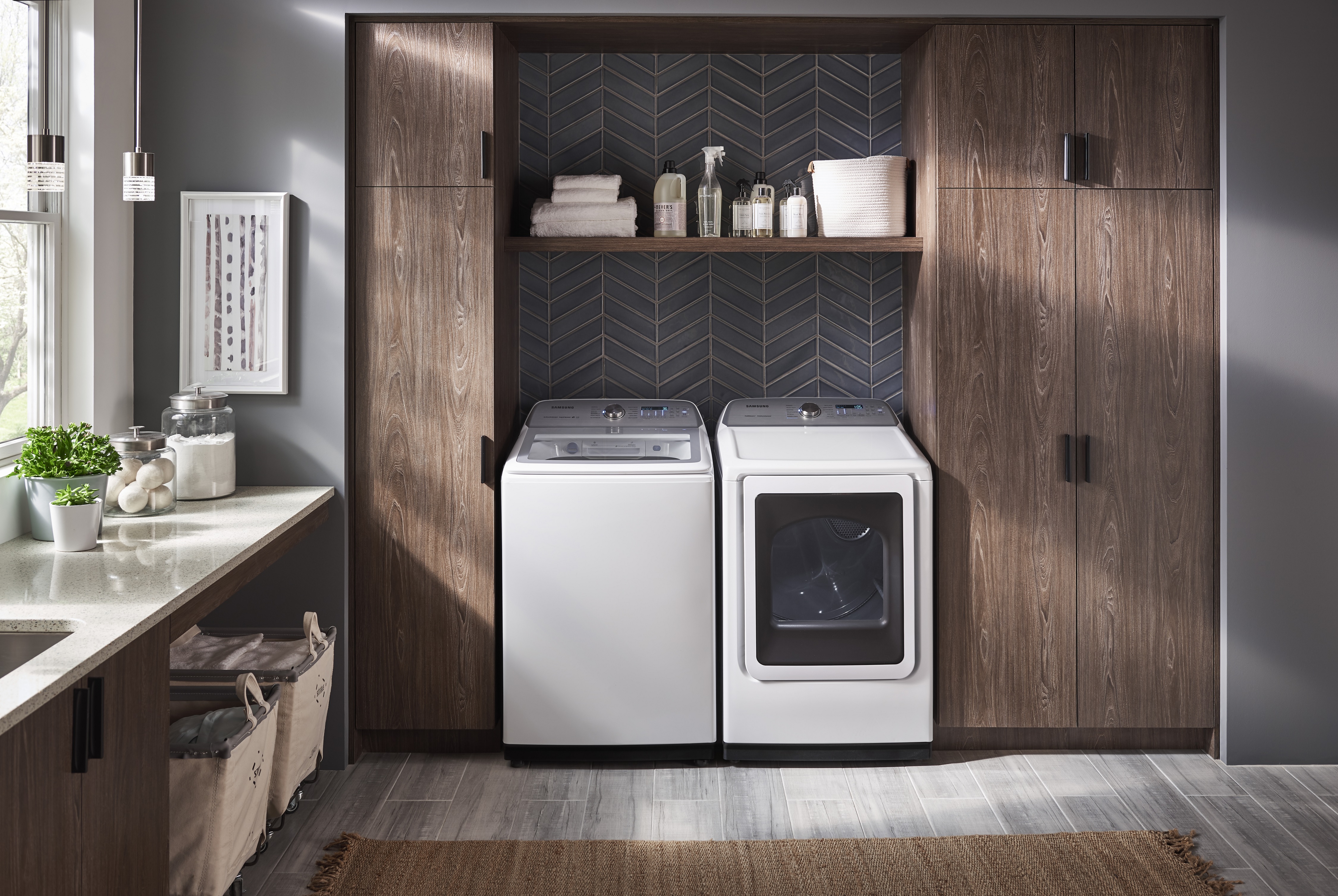 large capacity Samsung White Laundry Pair in sunlit laundry room