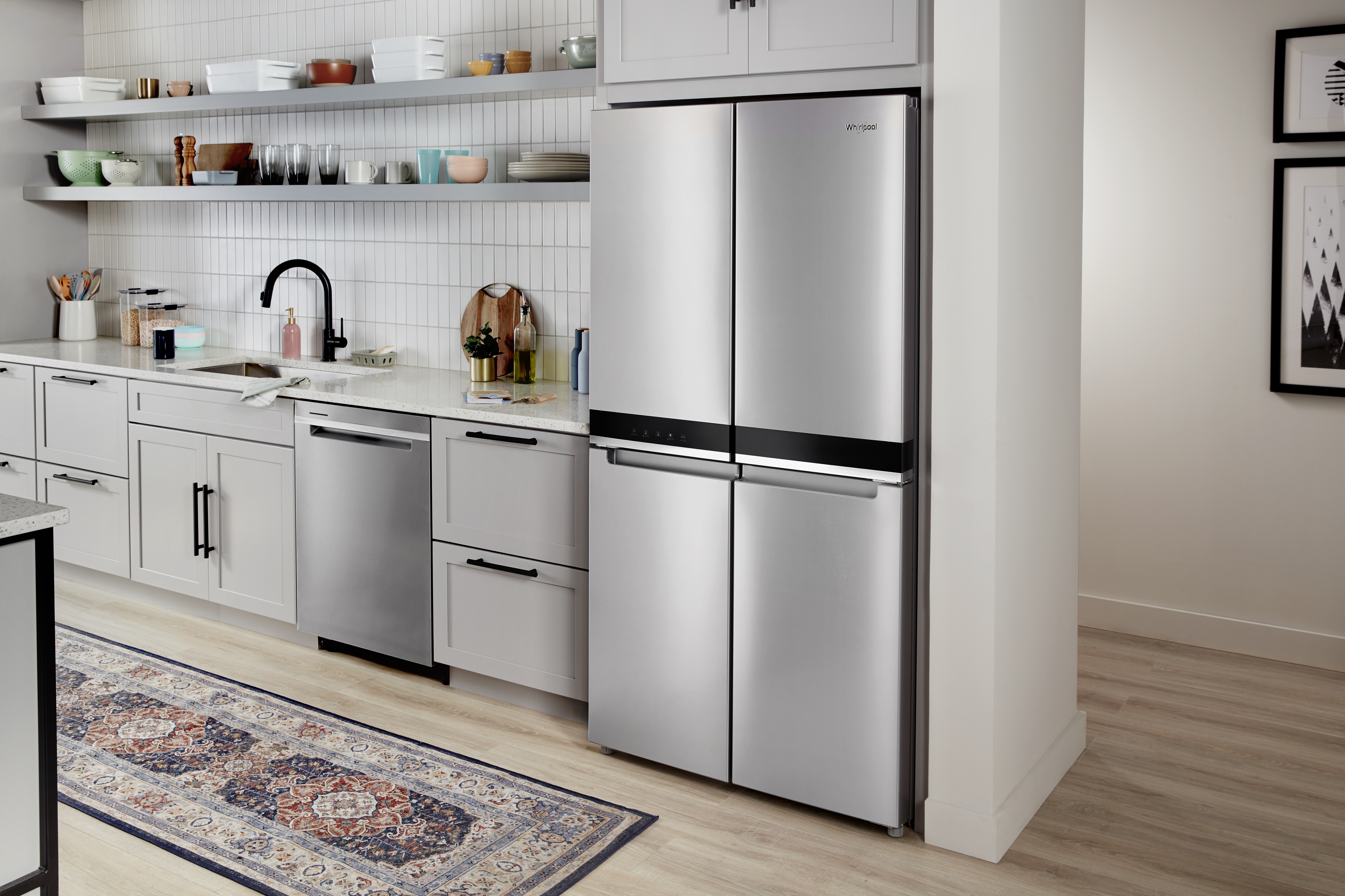 stainless steel Whirlpool dishwasher in stylish kitchen
