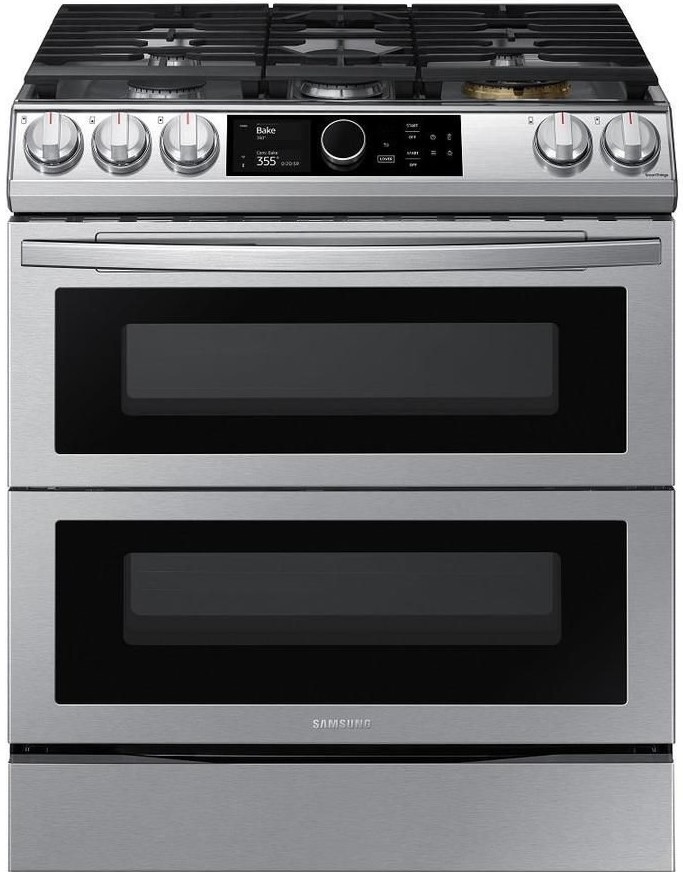 Samsung 30” Fingerprint Resistant Stainless Steel Front Control Slide-in Dual Fuel Range NY63T8751SS