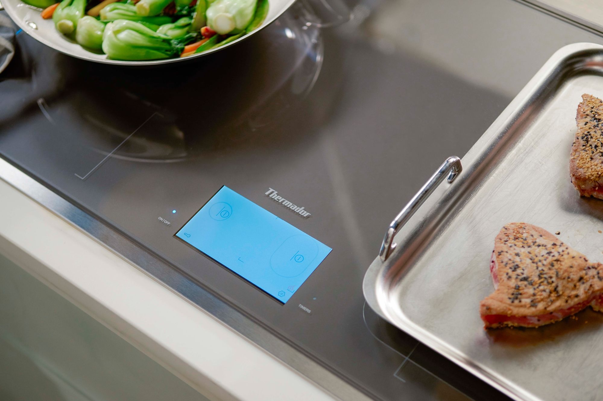 closeup of luxury Thermador Masterpiece induction cooktop