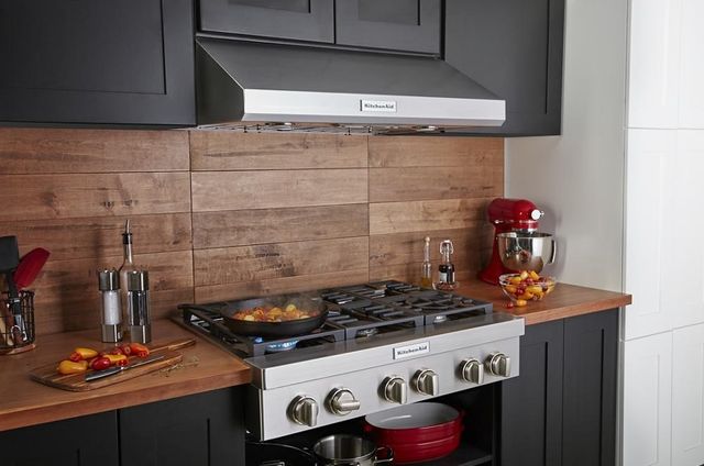 front view of a kitchenaid rangetop in a modern kitchen
