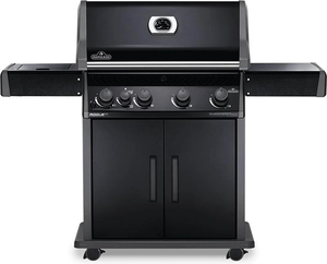 sleek black grill with tables on both sides