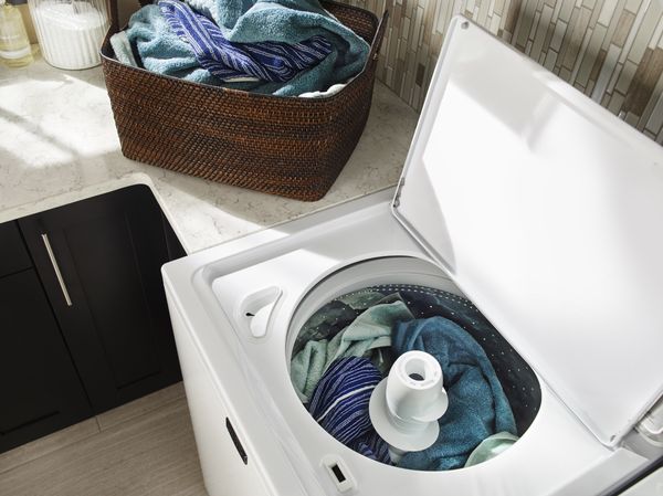 top view of open Maytag top load washer with agitator