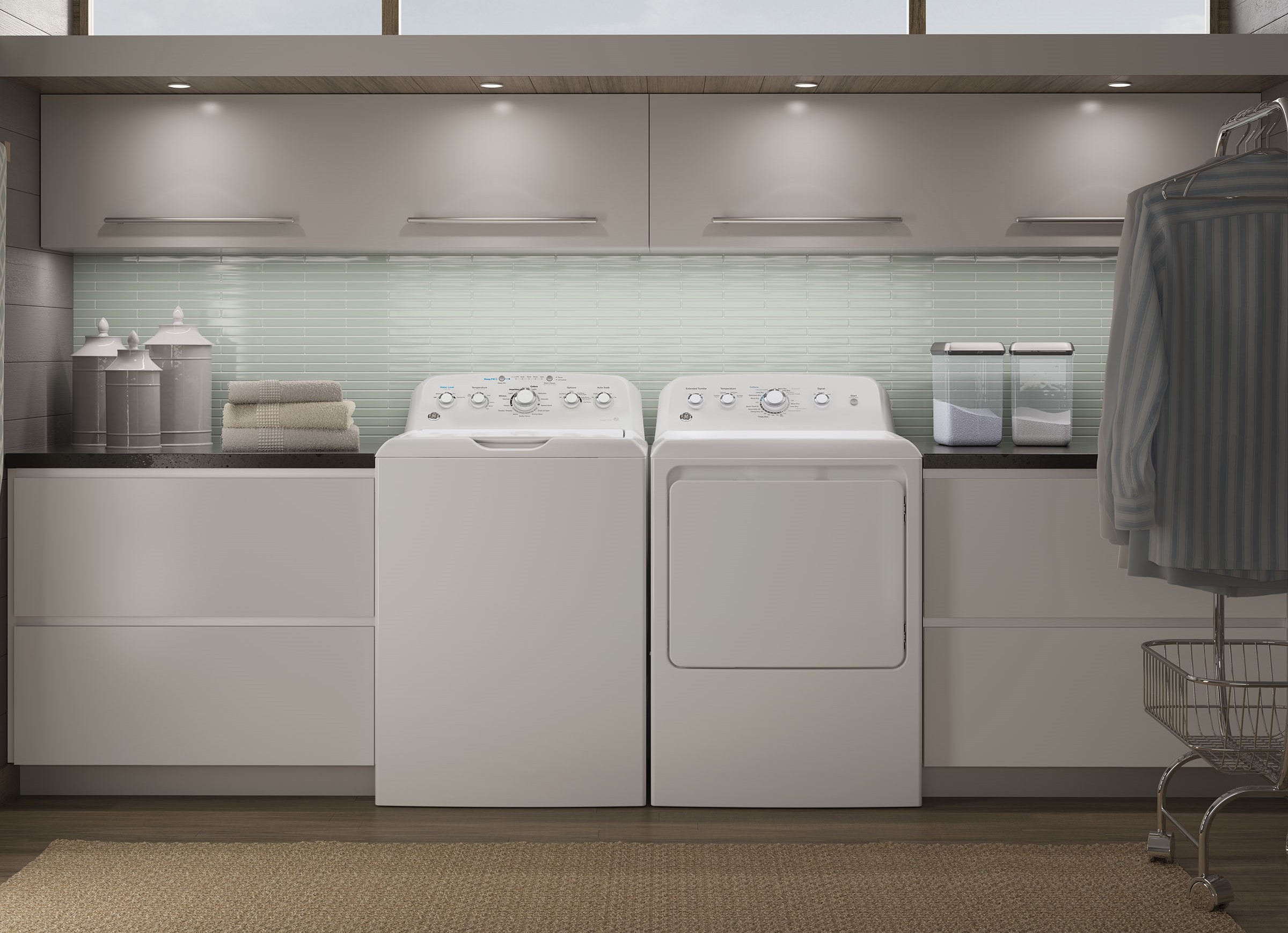 GE laundry pair in white with a 4.2 cu. ft. capacity washer and 7.2 cu. ft. capacity gas dryer