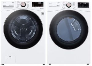 Front view of an LG front load washer and dryer set 