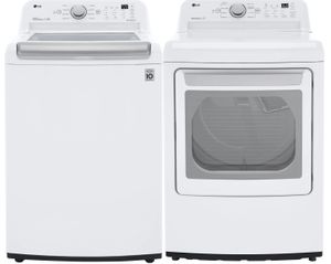 Front view of an LG front top load washer and dryer set 