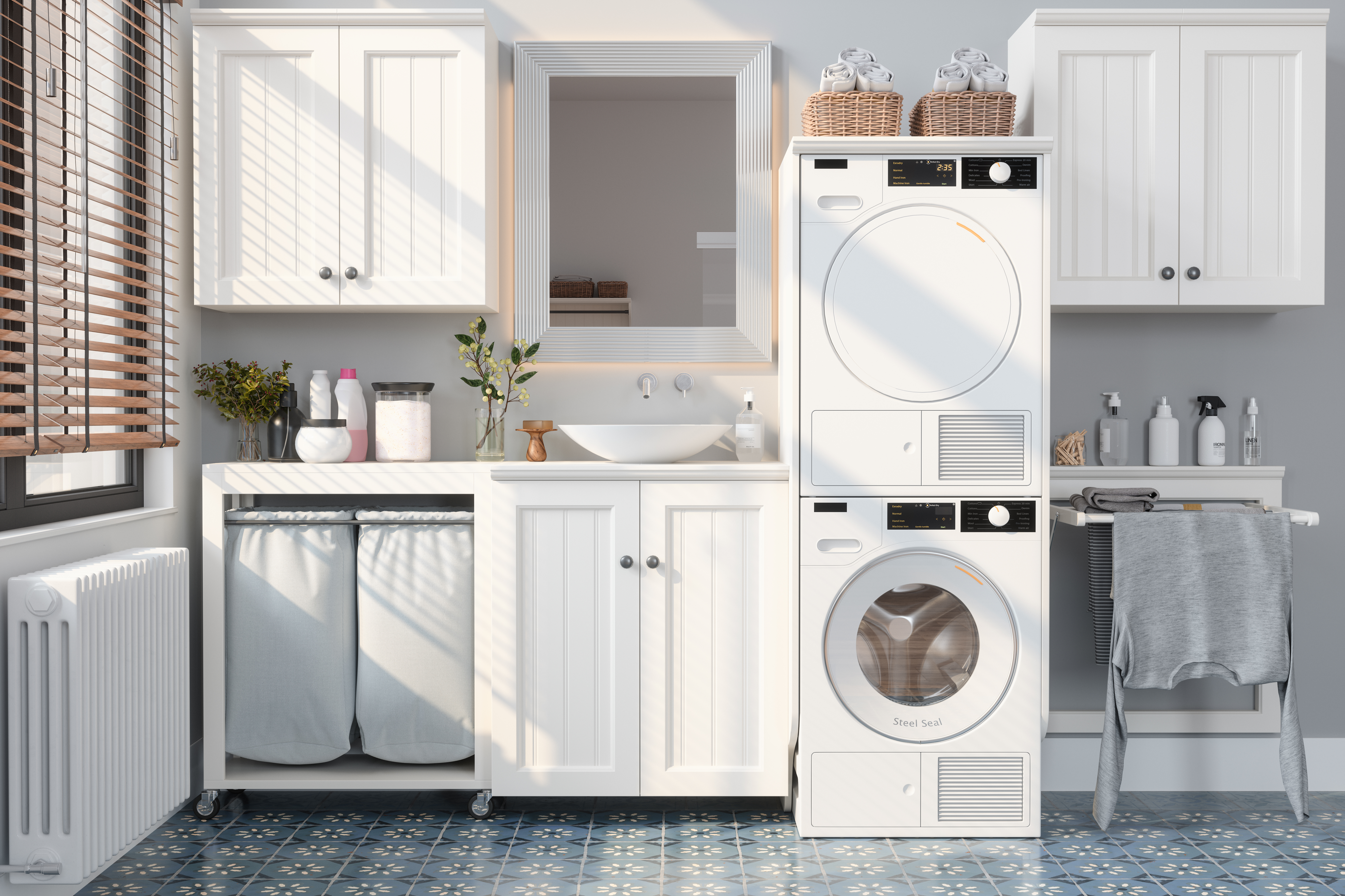 A laundry room featuring a stacked front load washer and dryer set 