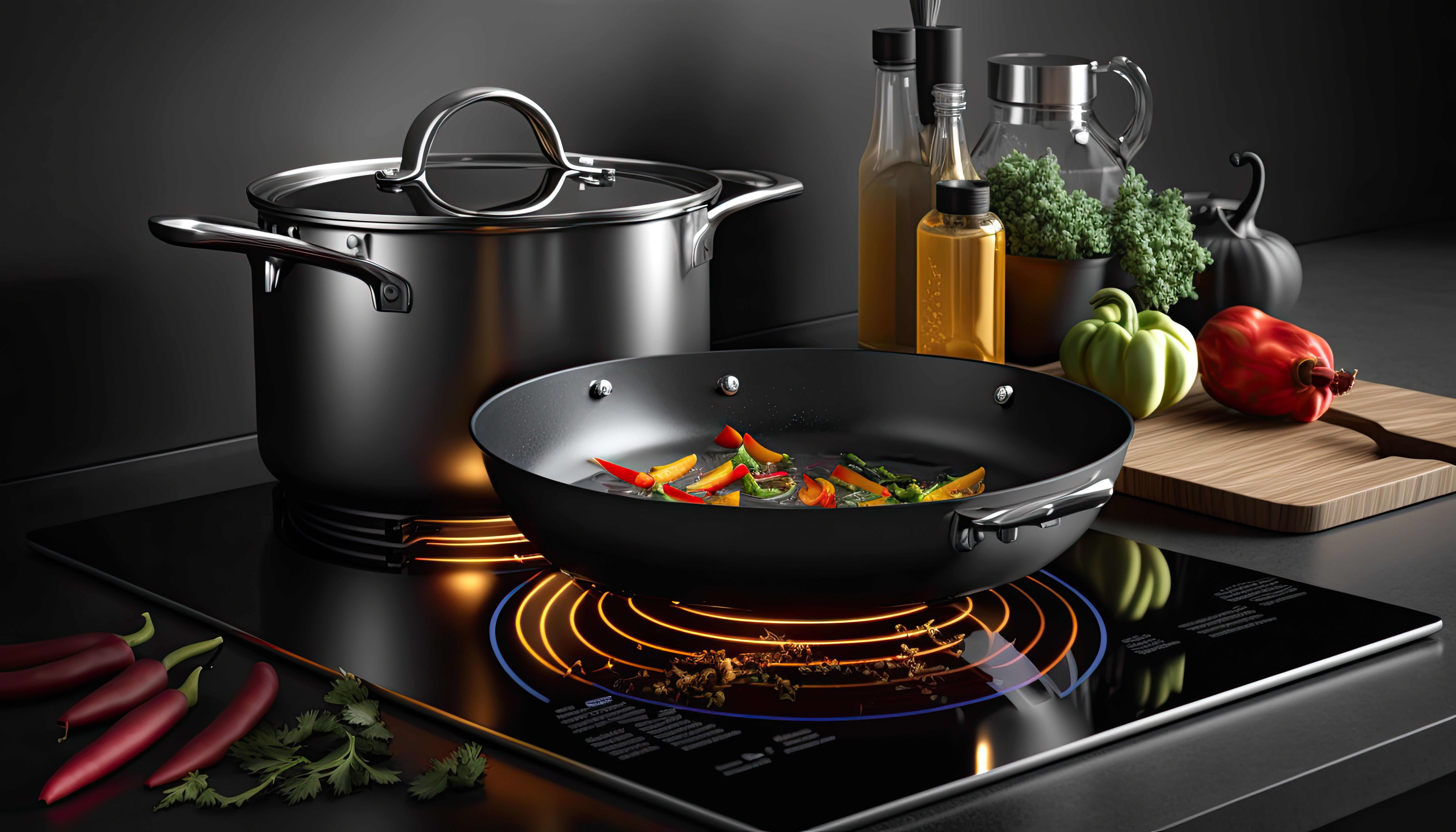 A 2 burner induction cooktop is shown cooking a stir fry meal