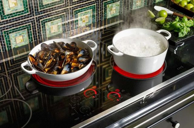 view of a cooktop with two pots cooking on it, one filled with seafood and one boiling water