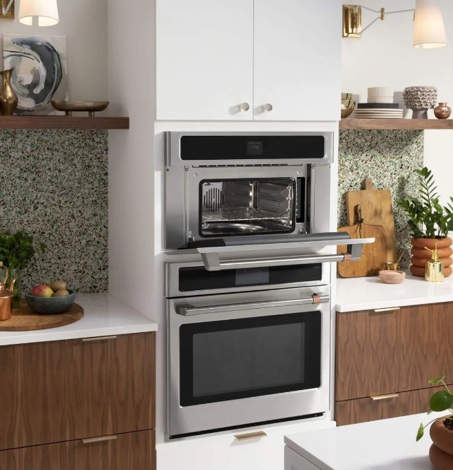 A Cafe steam oven combo is installed in a modern kitchen