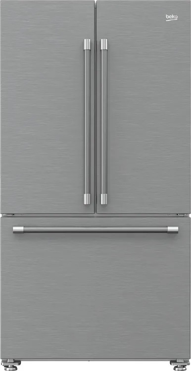 Stock photo of a freestanding stainless steel Beko French door refrigerator.