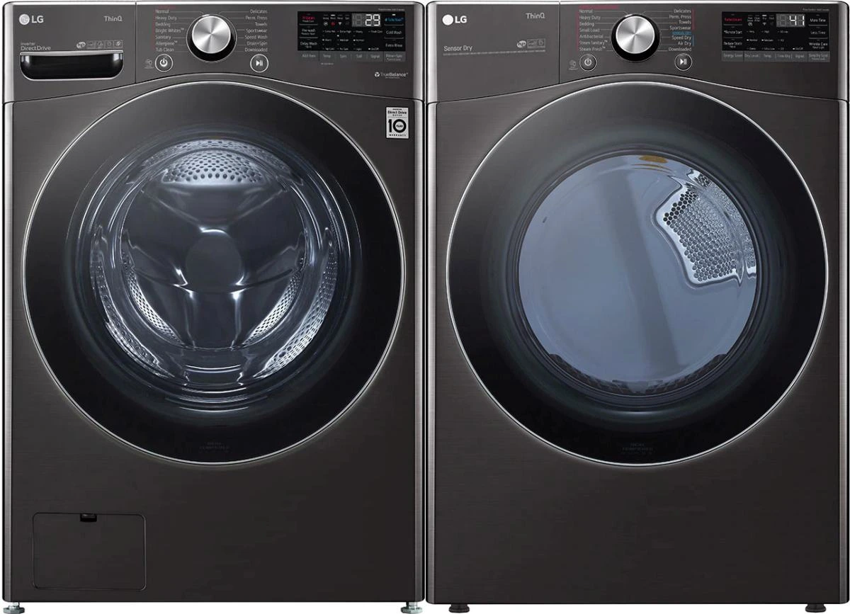 An LG black stainless laundry pair featuring the WM4200HBA front load washer and DLEX4200B dryer 