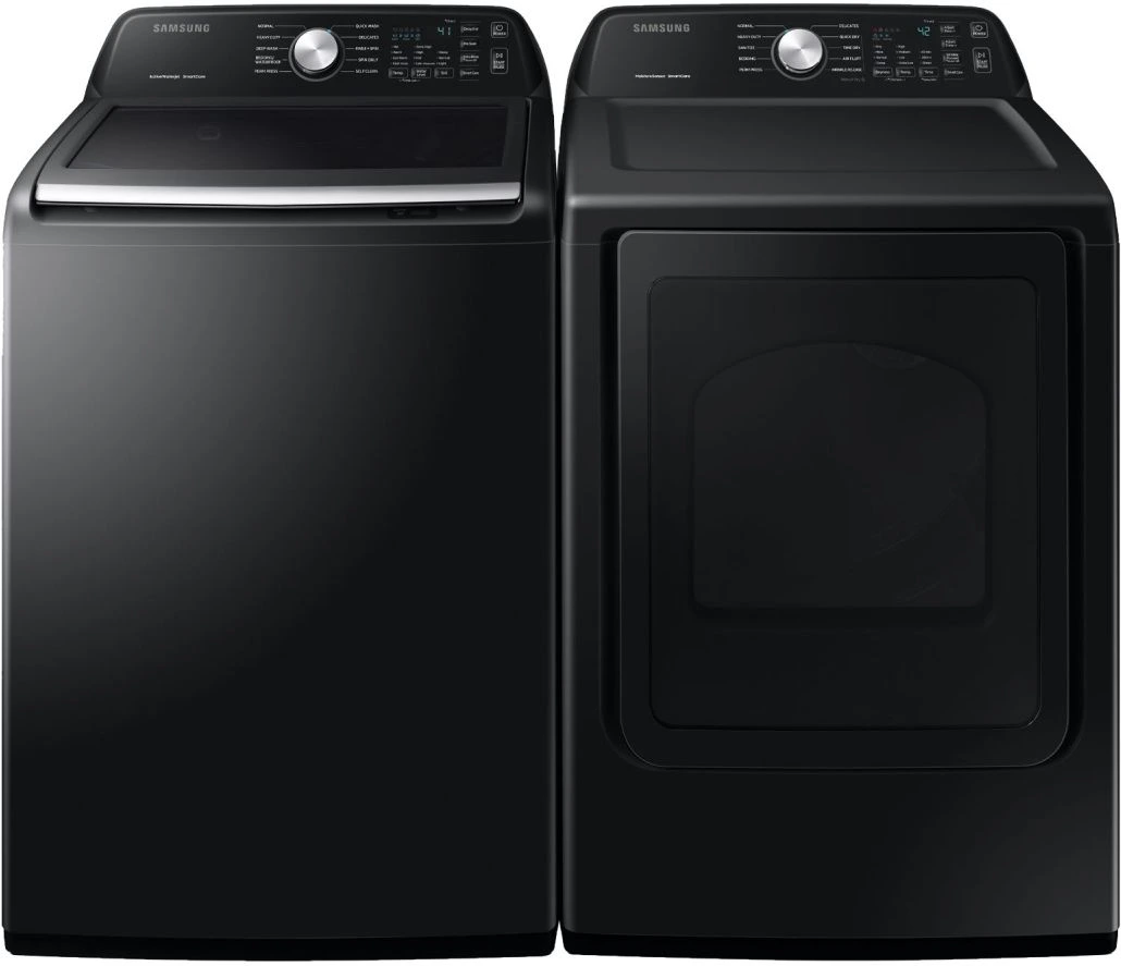 A Samsung black laundry pair featuring the WA45T3400AV top load washer and DVE45T3400V dryer 