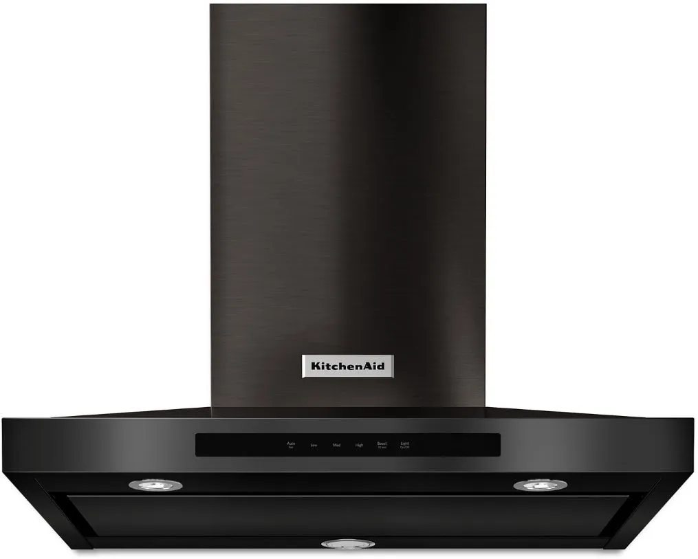 Front view of the KitchenAid KVWB606HBS range hood 