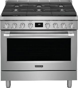 Front view of the Frigidaire Professional PCFD3670AF dual fuel range 