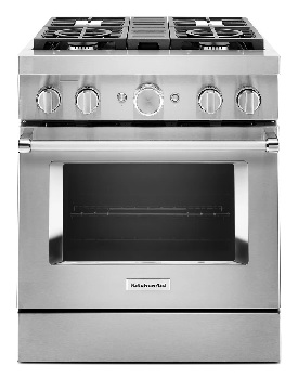 Front view of the KitchenAid KFDC500JSS dual fuel range 