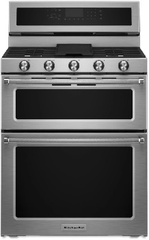 Front view of the KitchenAid KFDD500ESS dual fuel range 