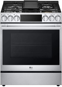 Front view of the LG Studio LSDS6338F dual fuel range 