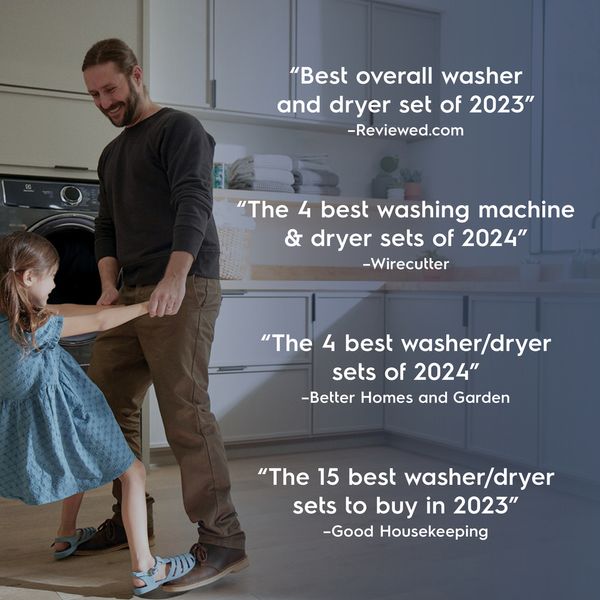 A man and a girl laughing in the background of a graphic listing Electrolux’s laundry appliance awards
