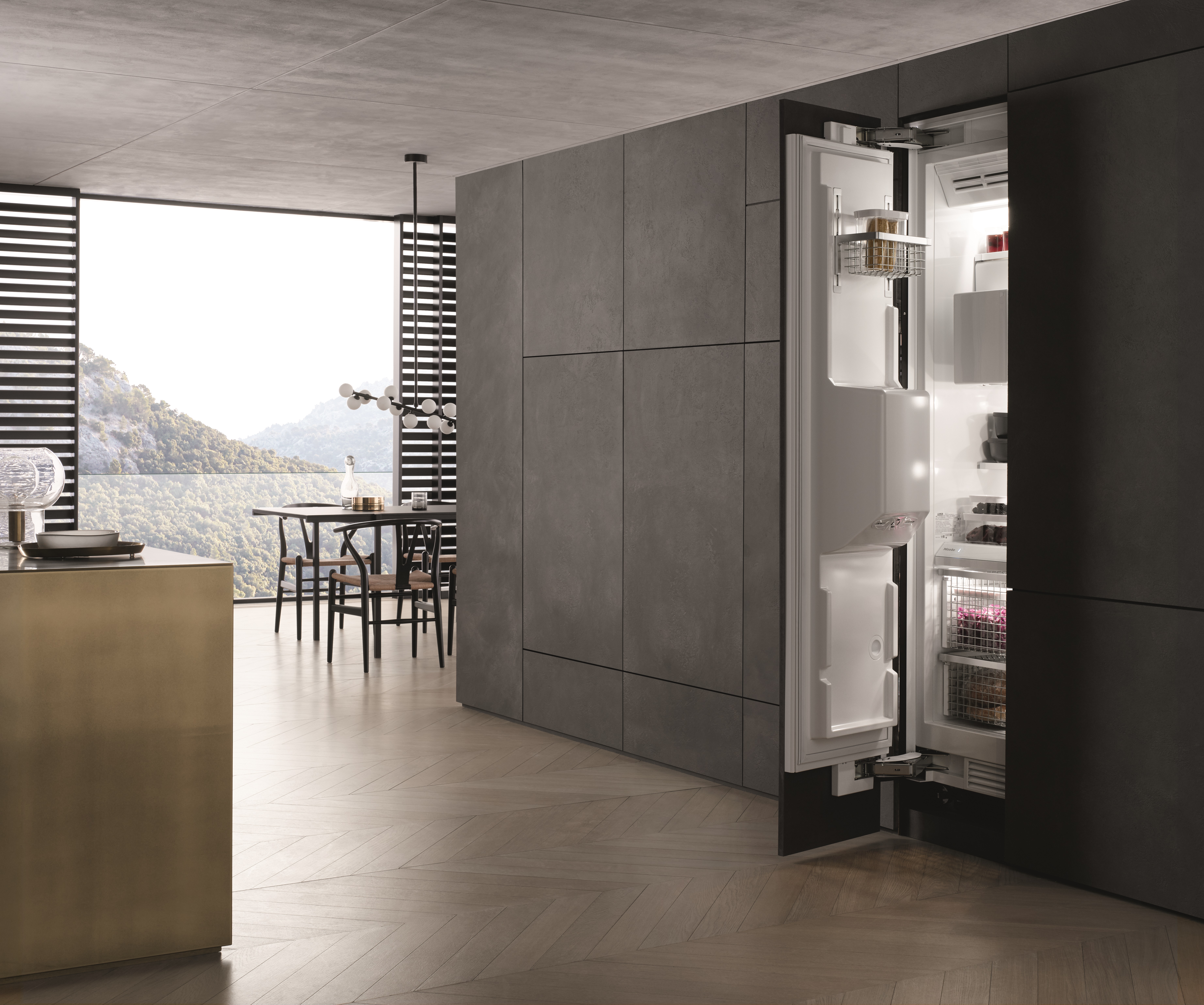 A black modern luxury kitchen with wood accents 
