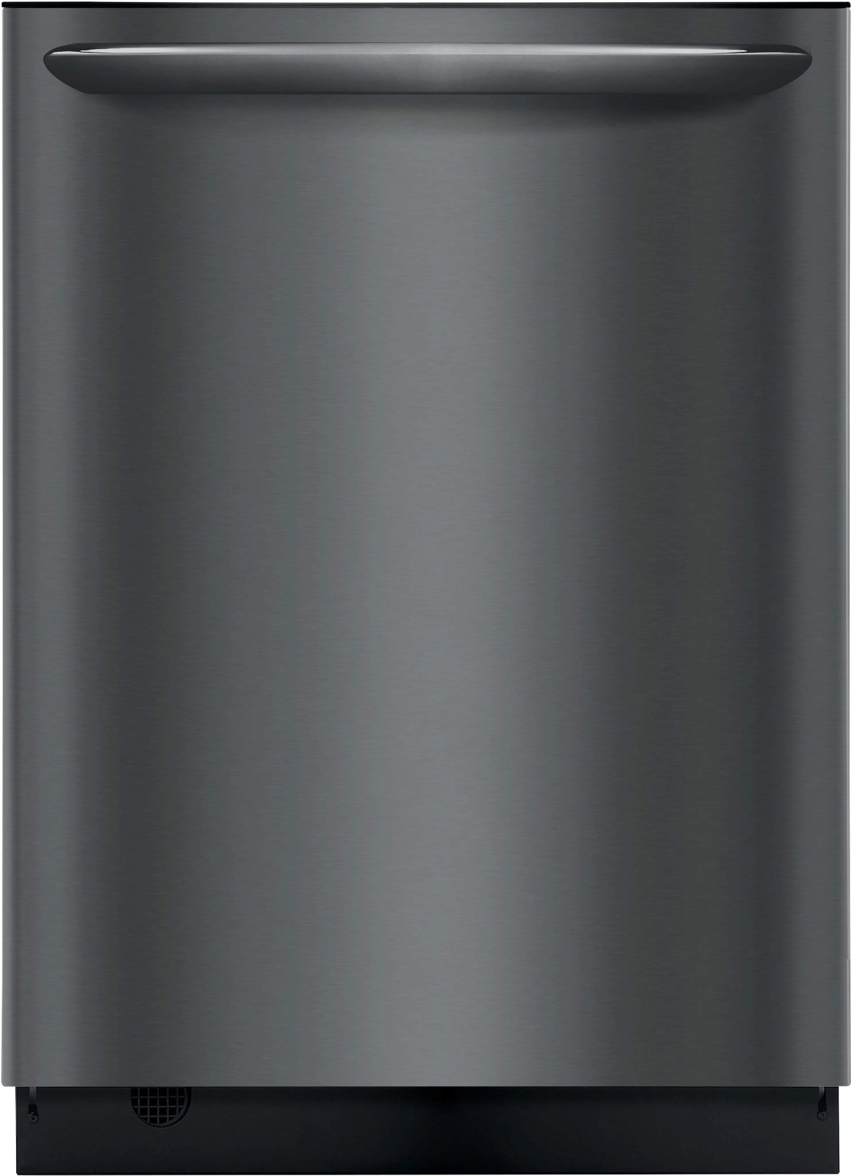Front view of the Frigidaire Gallery FGID2468UD black stainless steel dishwasher 